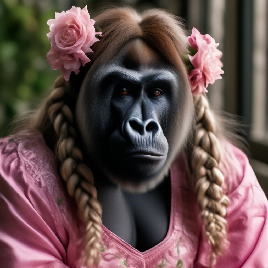 A gorilla in a pink dress and a light hairstyle with light pigtails" —  image created in Shedevrum