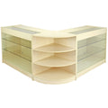 Conjunto de mostrador y expositor de tienda en color maple, con estantes de vidrio y diseño en forma de L, ideal para exhibición
