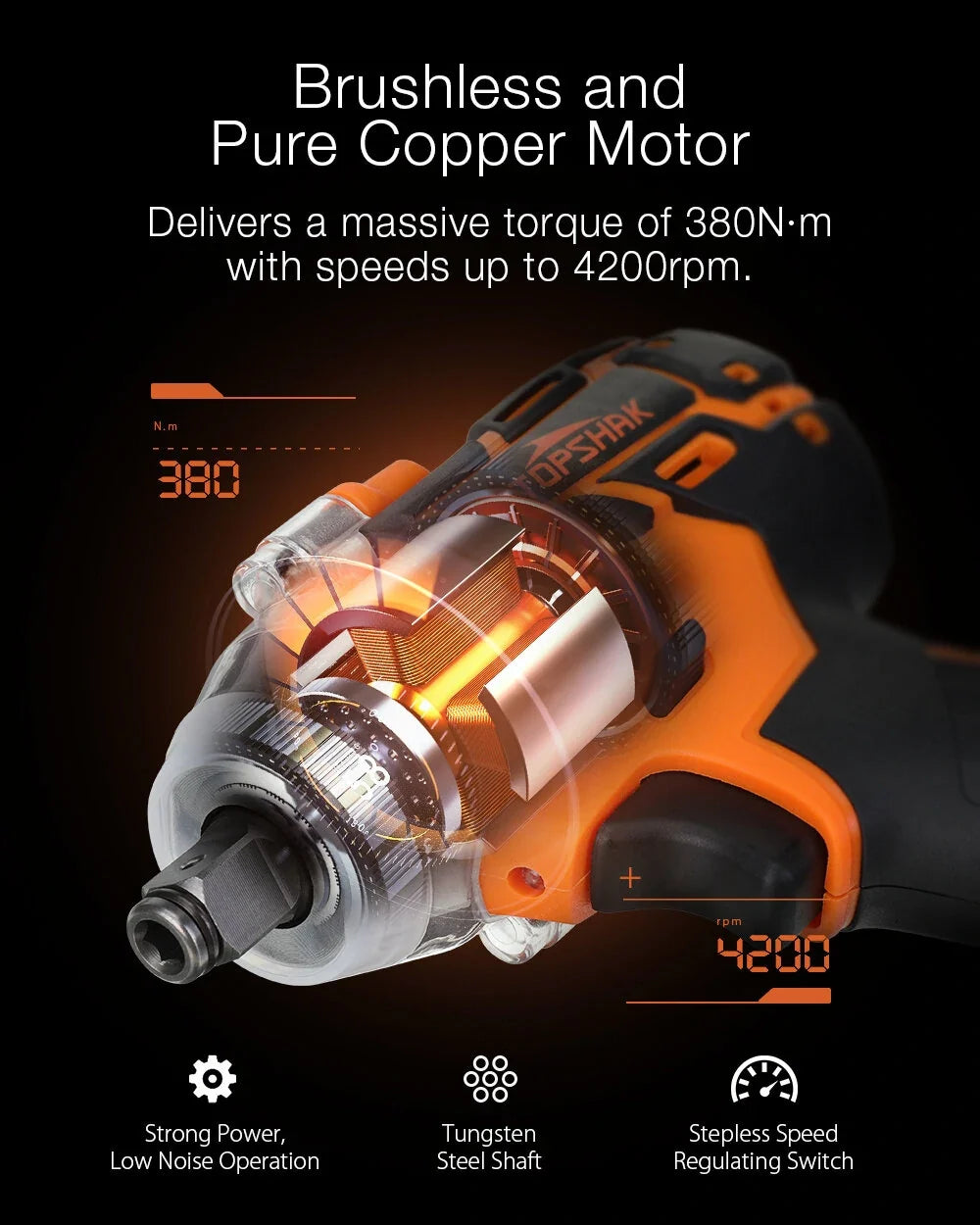 Topshak TS-PW1A 380N.M Brushless Electric Impact Wrench with LED Light & Battery for Woodworking & Maintenance