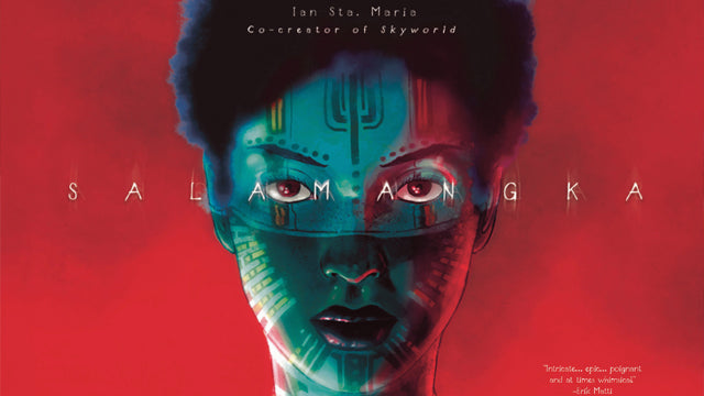 Cover of Salamangka Volume 1 by Ian Sta. Maria, close-up of a cybernetic face split between organic and circuit-patterned skin on red