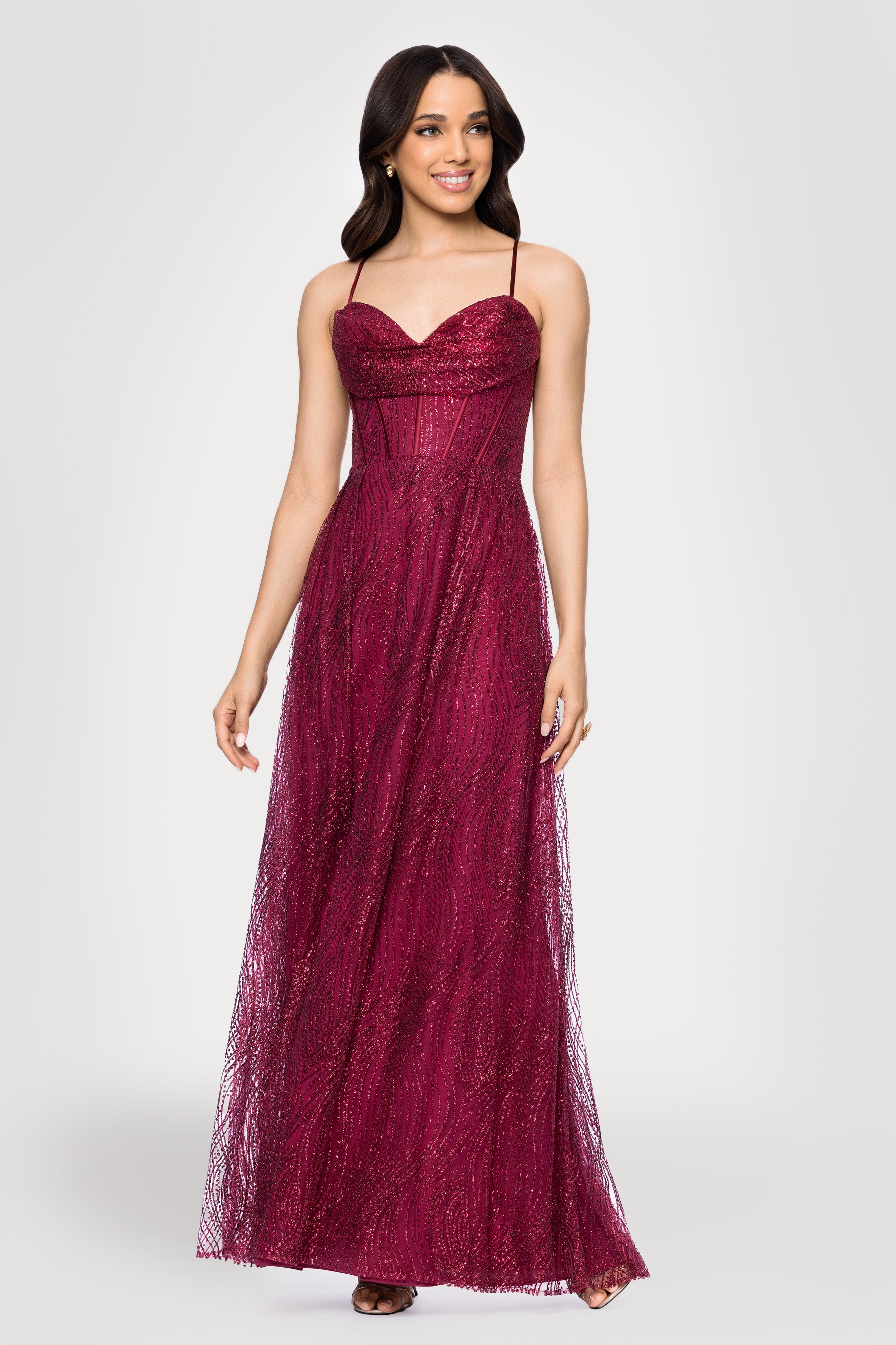 "Rory" Glitter Mesh Draped Sweetheart Neckline Floor Length Dress