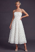 White Strapless A Line Boho Maxi Wedding Reception Dress with 3D Flowers