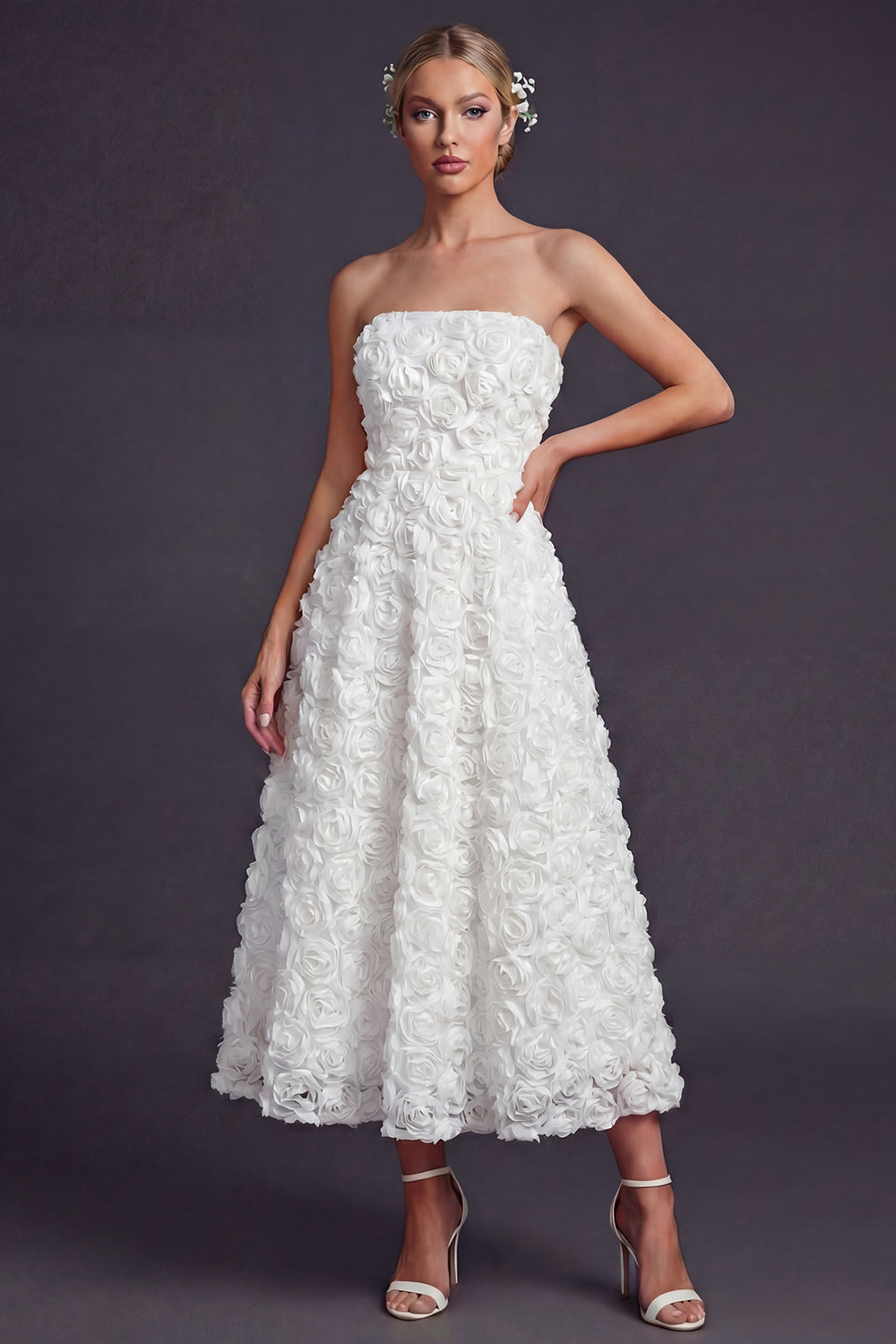 White Strapless A Line Boho Maxi Wedding Reception Dress with 3D Flowers