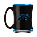 Carolina Panthers 14oz relief mug featuring team logo, made by Logo Brands, with a raised team emblem on ceramic drinkware.