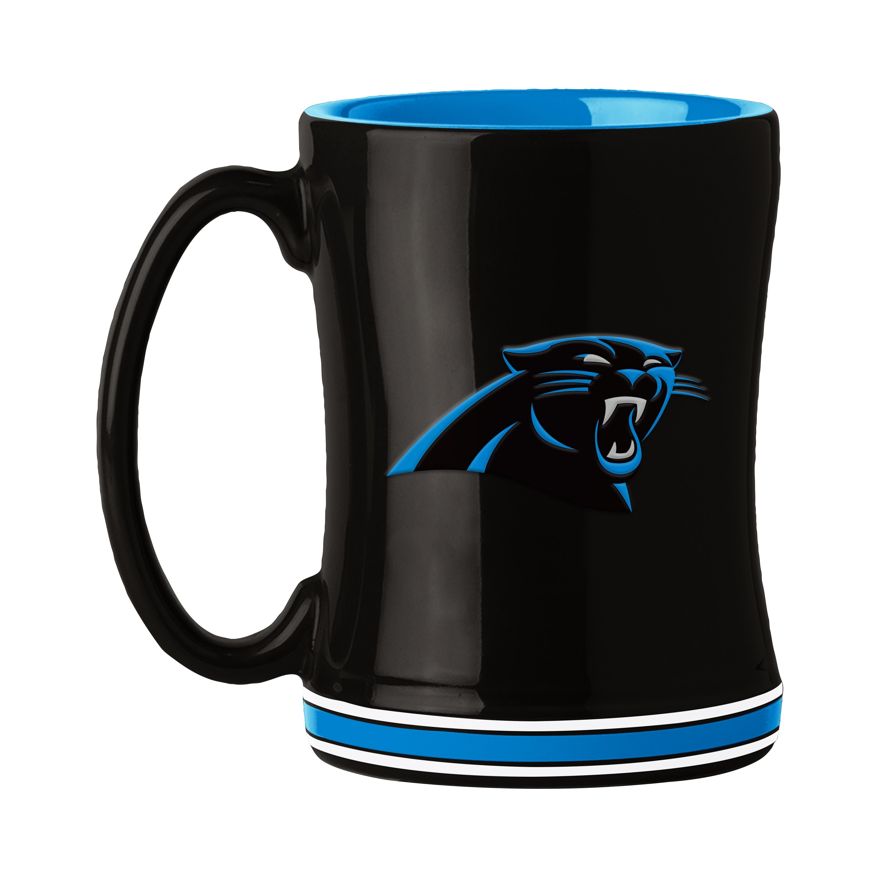 Carolina Panthers 14oz relief mug featuring team logo, made by Logo Brands, with a raised team emblem on ceramic drinkware.