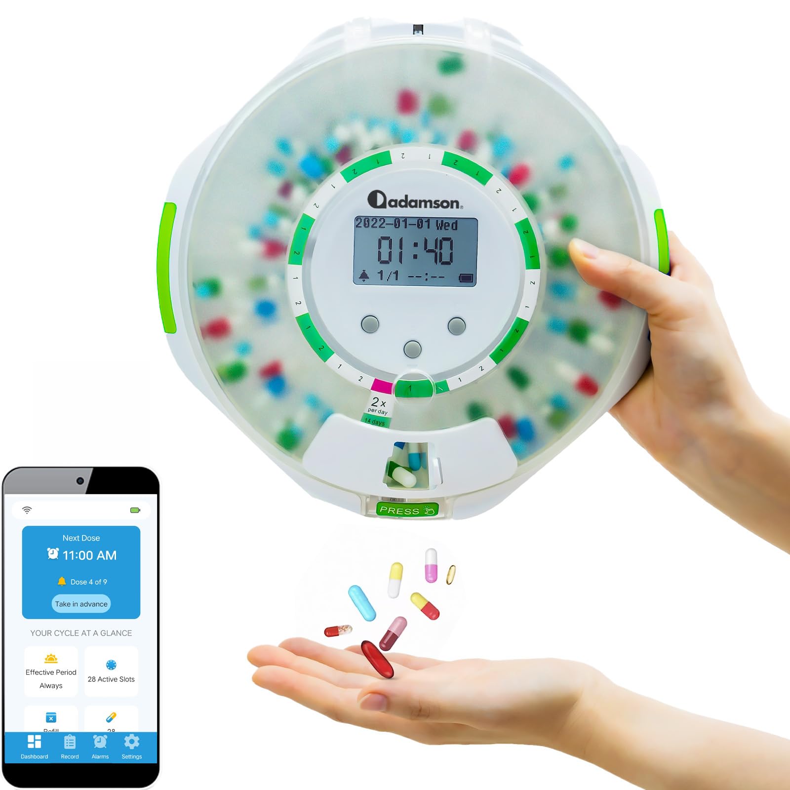 Adamson TimelyMed Smart Pill Dispenser Machine with Alarm + WiFi App Monitoring + 28 Day Medicine Dispenser + Automatic Pill Dis