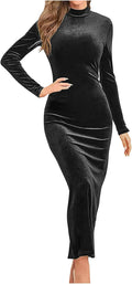 Elegant Velvet Bodycon Dress for Women Mock Neck Long Sleeve Midi Dresses Solid Color Slim Fit Comfy Party Dress