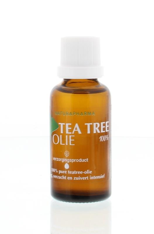 Naturalpharma Tea Tree Oil 30ml bottle, pure essential oil for skincare and aromatherapy, with a clear dropper cap.