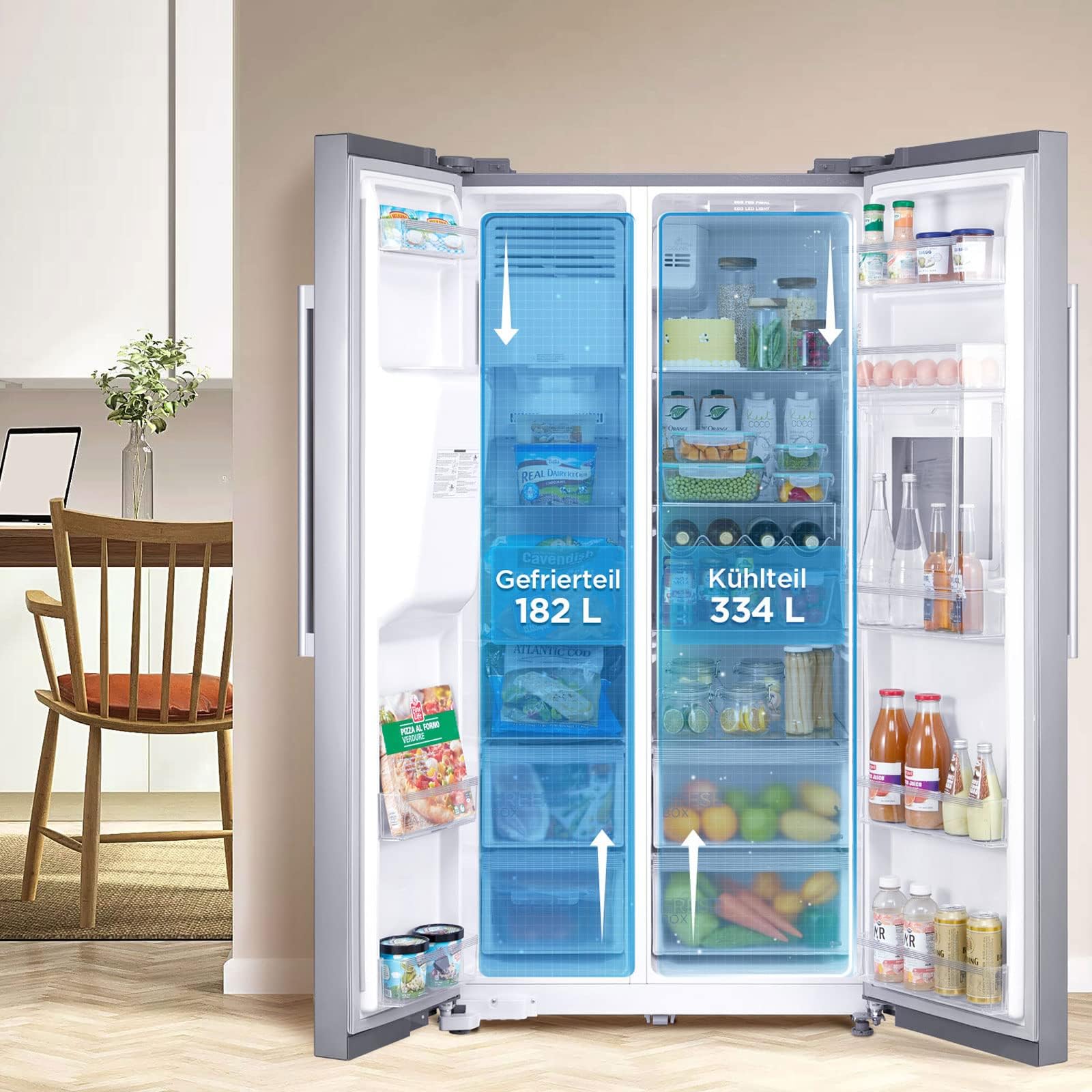 Midea KS-EIX 6.23 Side-by-Side Kühl-/Gefrierkombination/176,5 cm hoch/No Frost/Inverter Compressor/mit Barfach/Wasser-/Eisspender mit Festwasseranschluss/Twin Control, Rostfreier Stahl