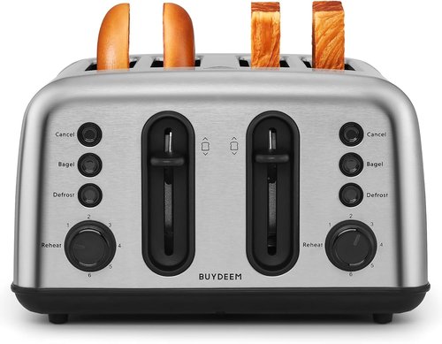 BUYDEEM DT440 4-Slice Stainless Steel Toaster - Extra Wide Slots for Bagels & Muffins, Retro Silver Finish