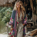 Vintage Bohemian Floral Art Embroidery Print Cotton And Linen Blend Midi-length Kimono Cardigan artswardrobe