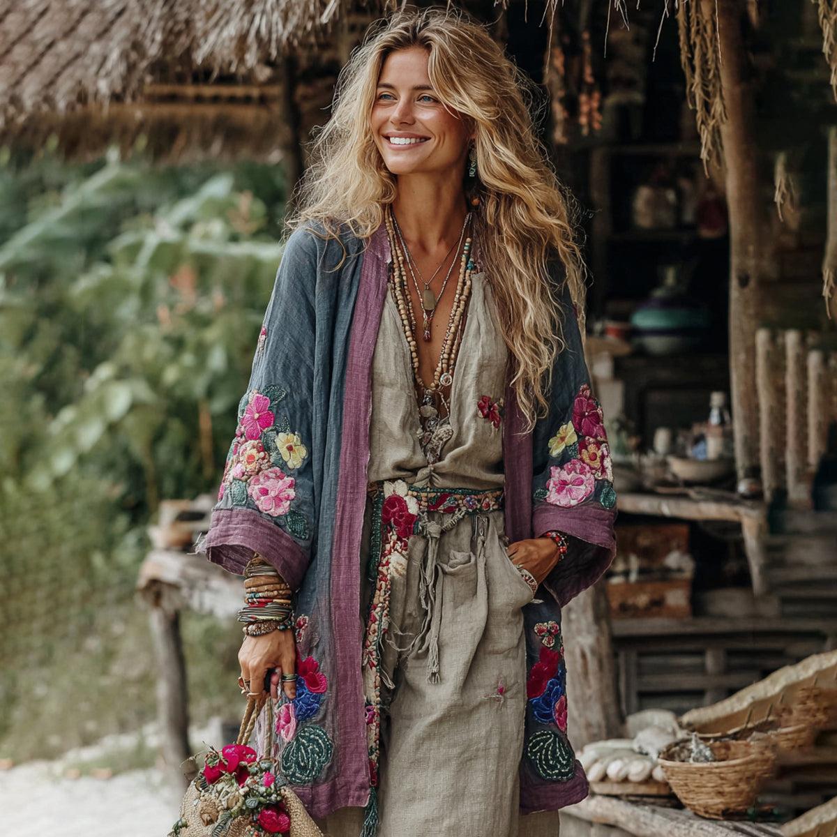 Vintage Bohemian Floral Art Embroidery Print Cotton And Linen Blend Midi-length Kimono Cardigan artswardrobe