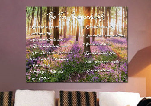 Canvas wall art of the Ten Commandments on a sunlit forest path with purple wildflowers in 1 Panel 48x36” size