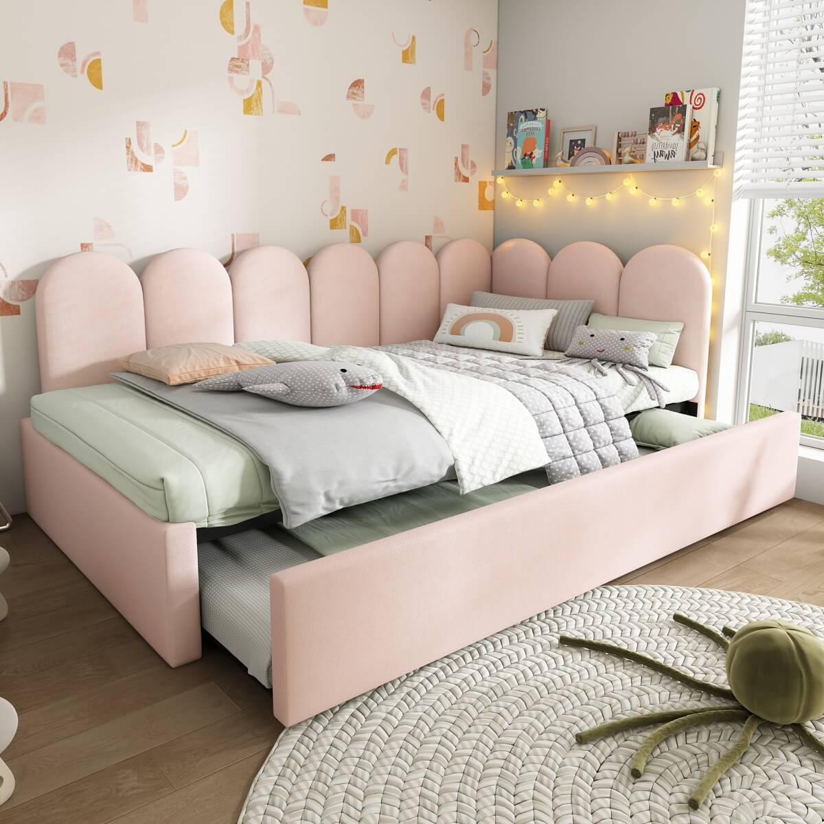 3ft Single Daybed with Pull-Out Bed – Velvet Sofa Bed, Metal Frame, Pink