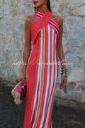 Sunset Breeze Linen Blend Colorful Stripes Cross Halter Flare Maxi Dress