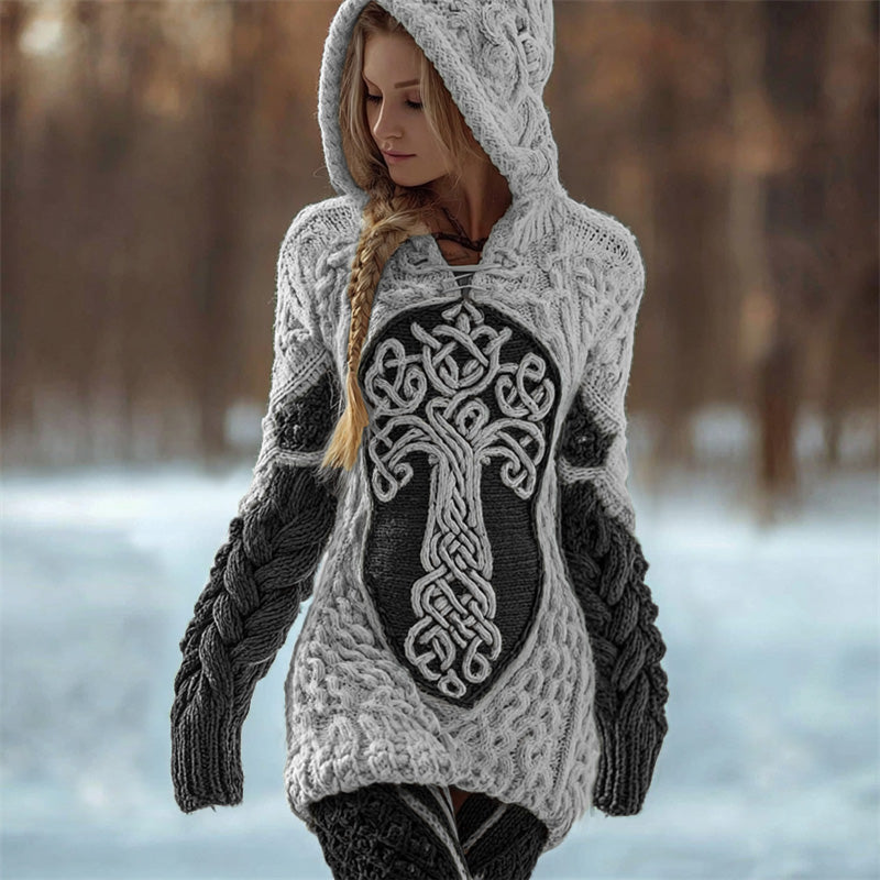 Viking Tree Of Life Celtic Contrast Cozy Chunky Hooded Sweater artswardrobe