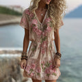Women's Vintage Rose Embroidery Art Comfy Linen Short Sleeve Mini Dress artswardrobe