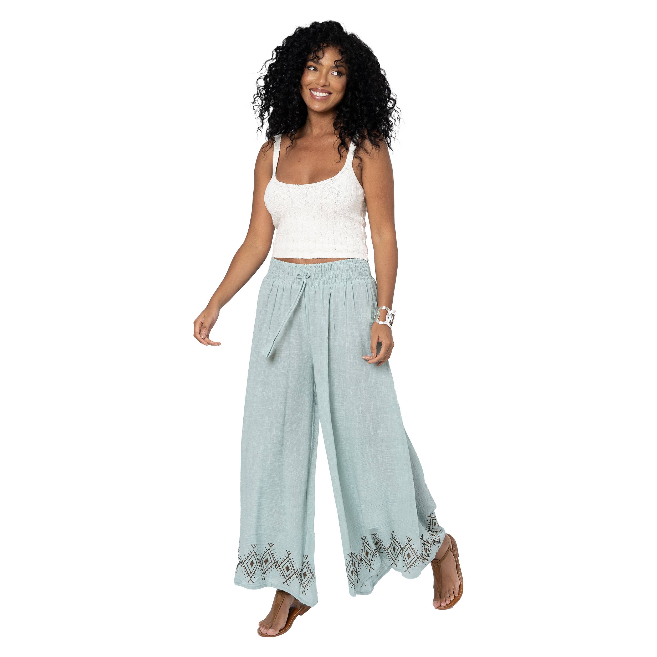 Pantaloni estivi fluidi in voile celeste