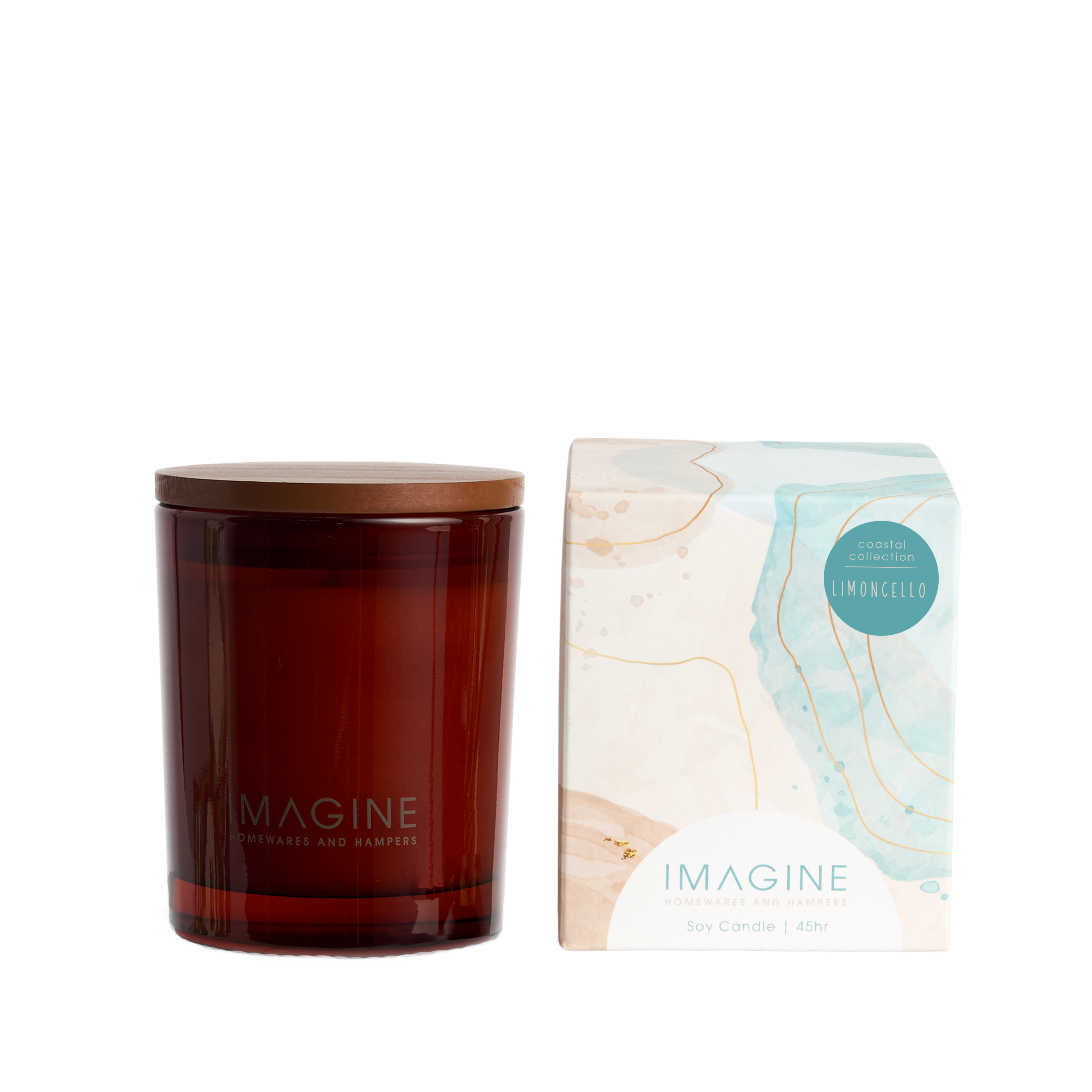 310g soy Limoncello scented candle from the Coastal collection in amber glassware, with its box featuring blue and sandy abstract coastal patterns.