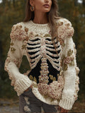 Comstylish Women's Halloween Skeleton 3d Rose Retro Sweater