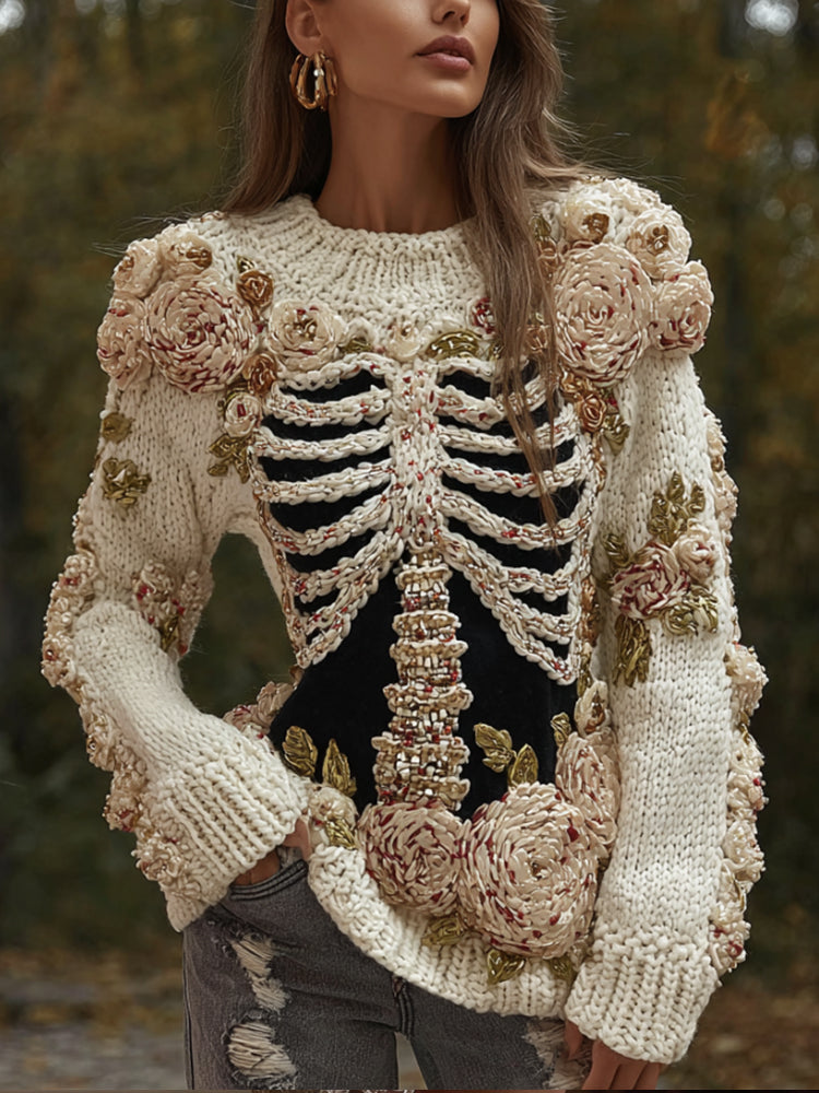 Comstylish Women's Halloween Skeleton 3d Rose Retro Sweater
