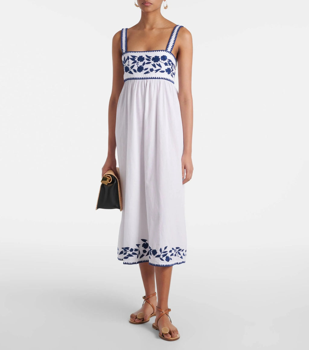 Embroidered cotton and linen midi dress