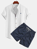 Short Sleeve Linen Look Stand Collar Shirt & Striped Print Swim Shorts
