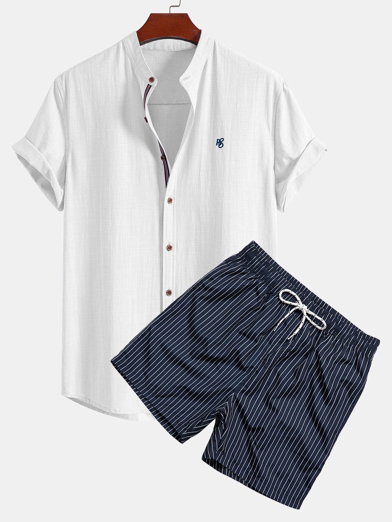 Short Sleeve Linen Look Stand Collar Shirt & Striped Print Swim Shorts