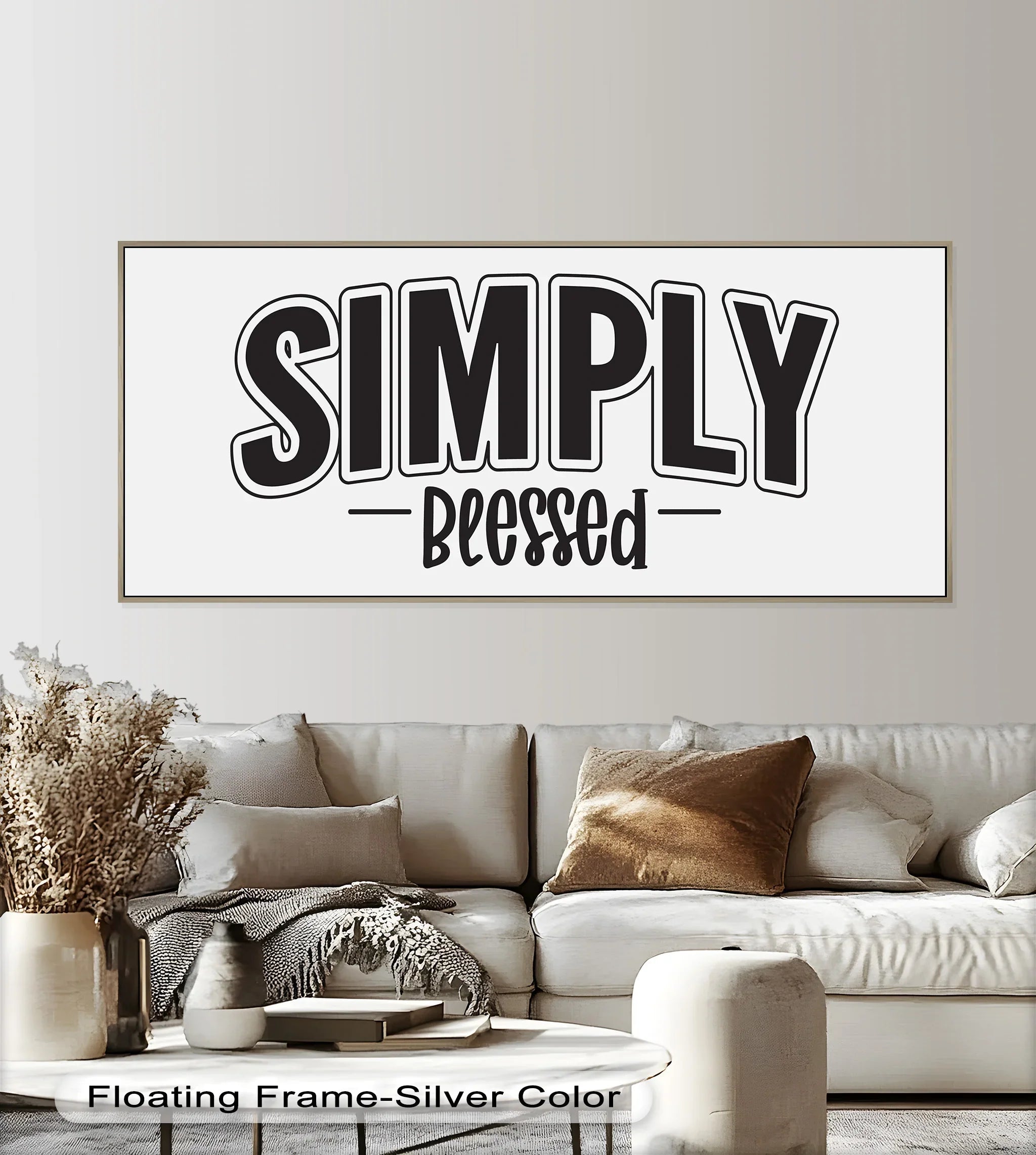 Negative space emphasizes the bold Christian typography in this oil painting art piece, 'Simply Blessed,' creating a striking contrast on the framed canvas.