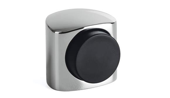 Metallic door handle with black center on a white background