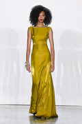 Chartreuse Metal Twill Gown with Open Back Detail
