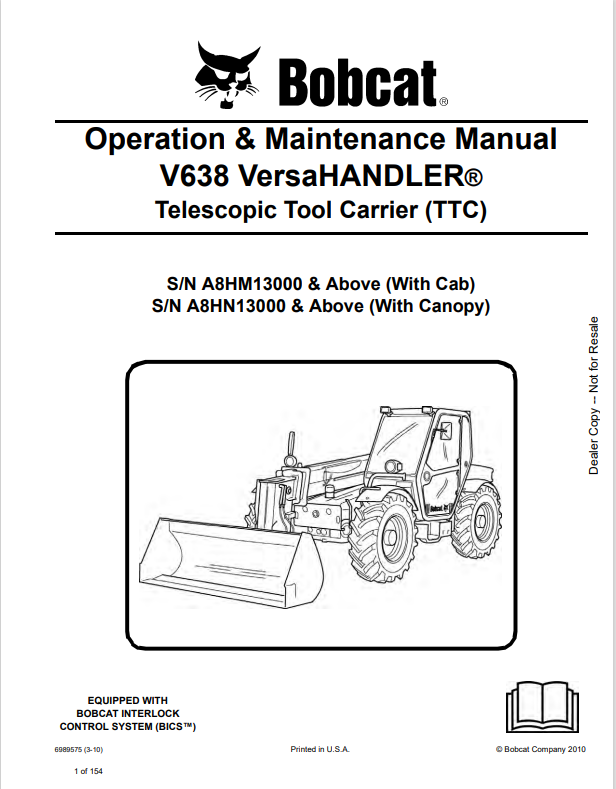 Bobcat  V638 VERSAHANDLER TELESCOPIC TOOL CARRIER Operator Maintenance Manual 6989575 - PDF