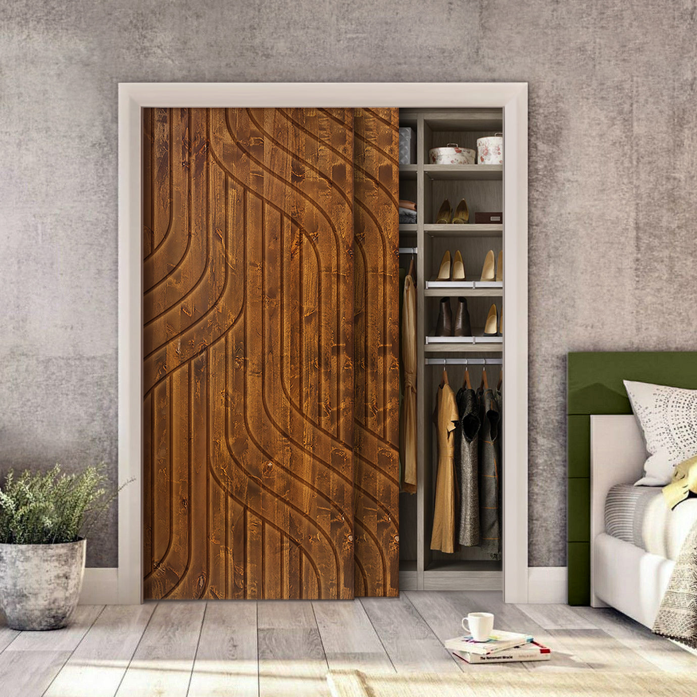 Intertwined Pattern Hollow Core Solid Wood Double Closet Sliding Door Slabs