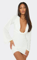 Extreme Cowl Flared Sleeve Mini Dress In White Slinky | EGO US