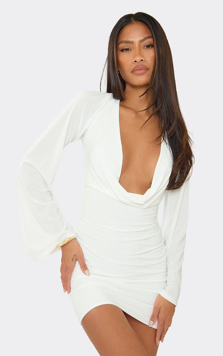 Extreme Cowl Flared Sleeve Mini Dress In White Slinky | EGO US