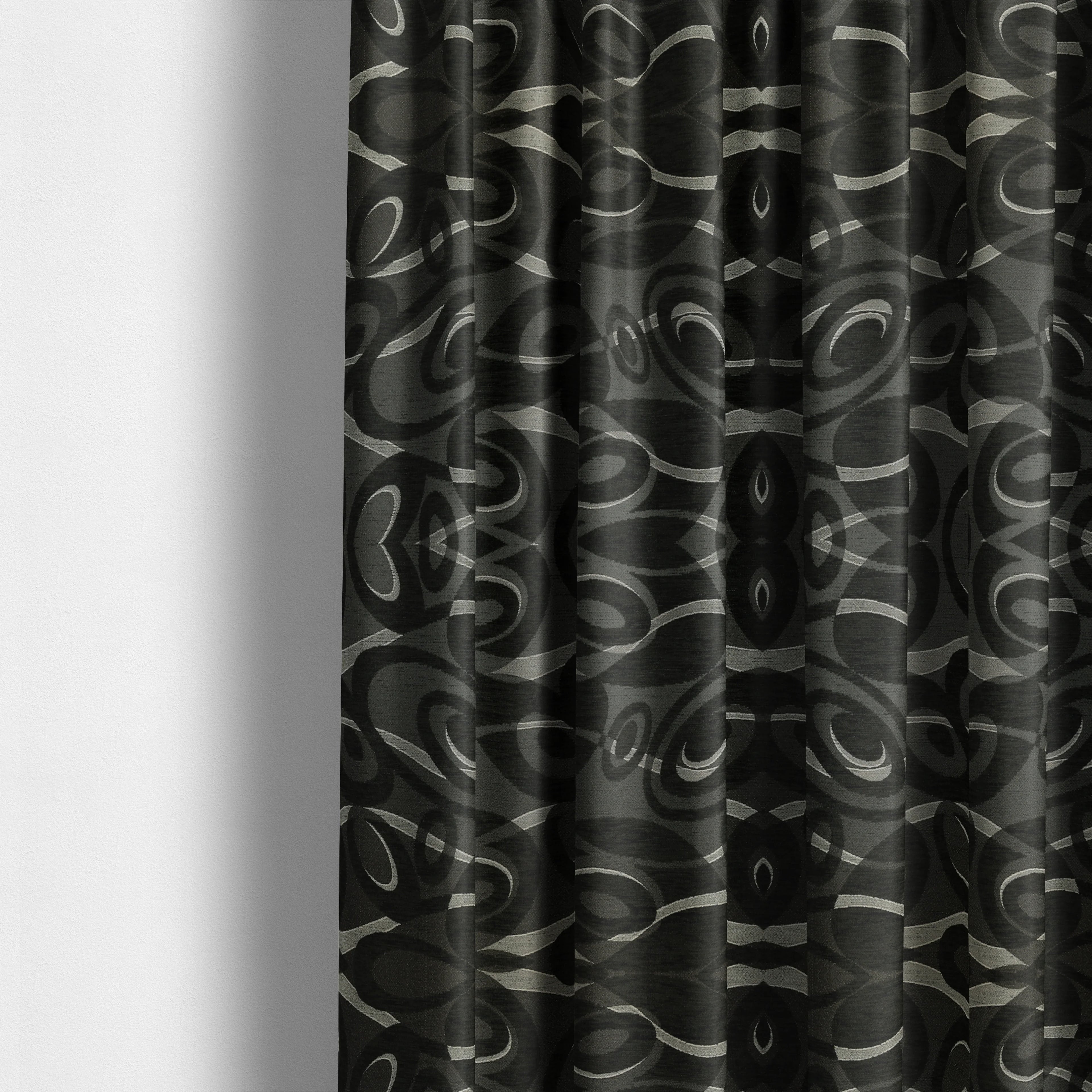 Japura Collection Of Shiny Swirl Pattern Weaves In Black Silver Chenille Colour Upholstery Fabric CTR-372 - Made To Measure Curtains