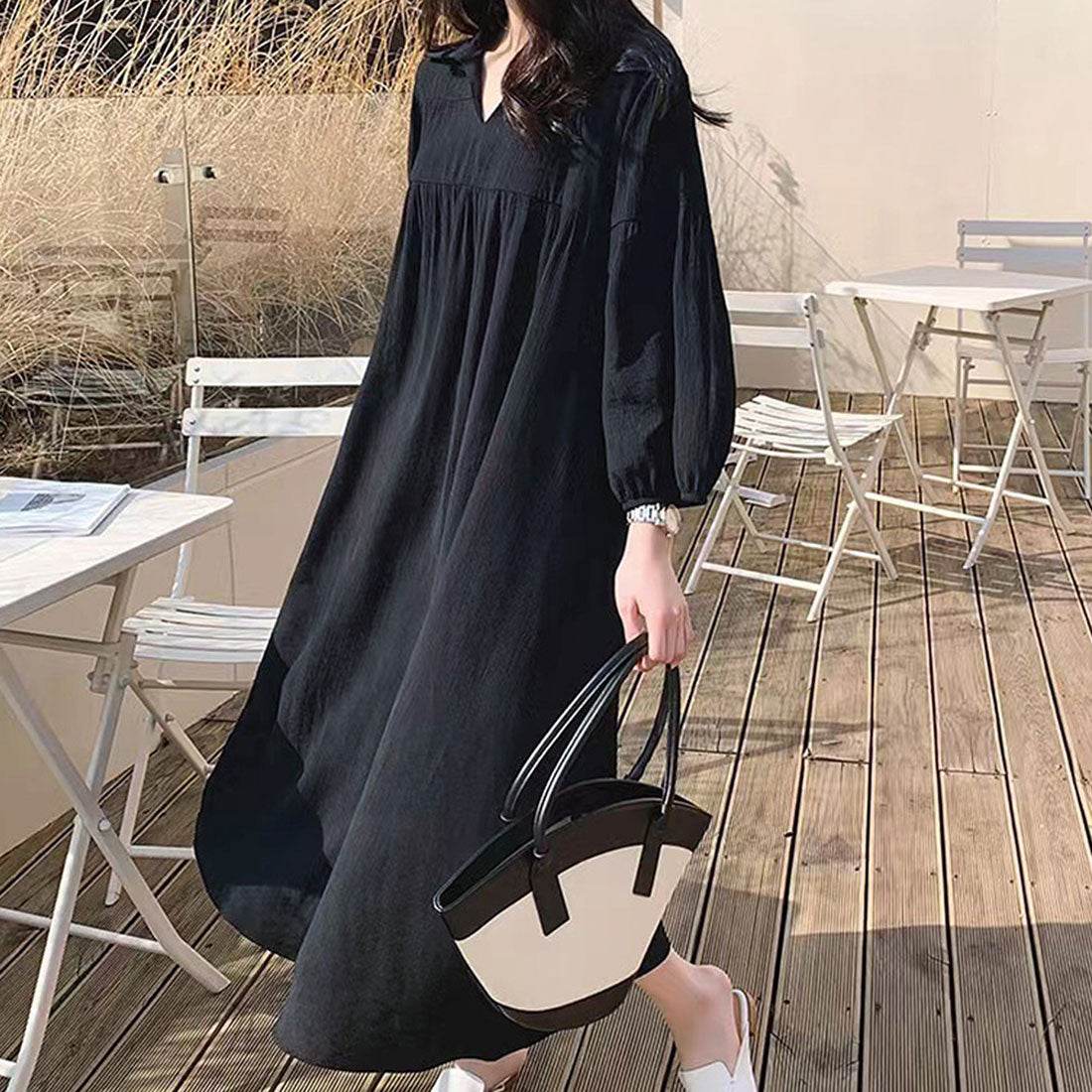 Dewlily Relaxed Shirt Dress for Women, Teens, 20s, 30s, Korean Fashion, Spring, Autumn, Adult, Casual, Cute, Stylish, Simple, Elegant, Plain black