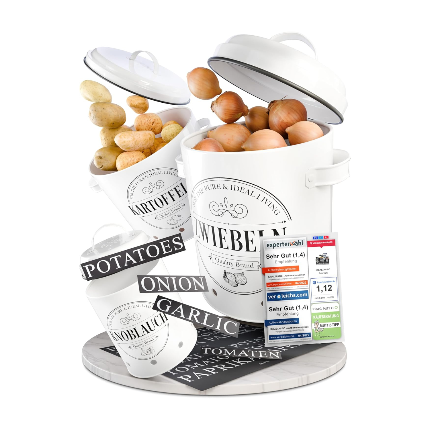B-Ware - IDEALTASTIC® Premium Kartoffel Aufbewahrungsbox [3 Stück] I Vielseitiges Kartoffeltopf Set mit 360° Belüftungssystem für mehr Frische