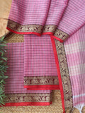 Pink Checks Dharwad Cotton Dress Material With Woven Border