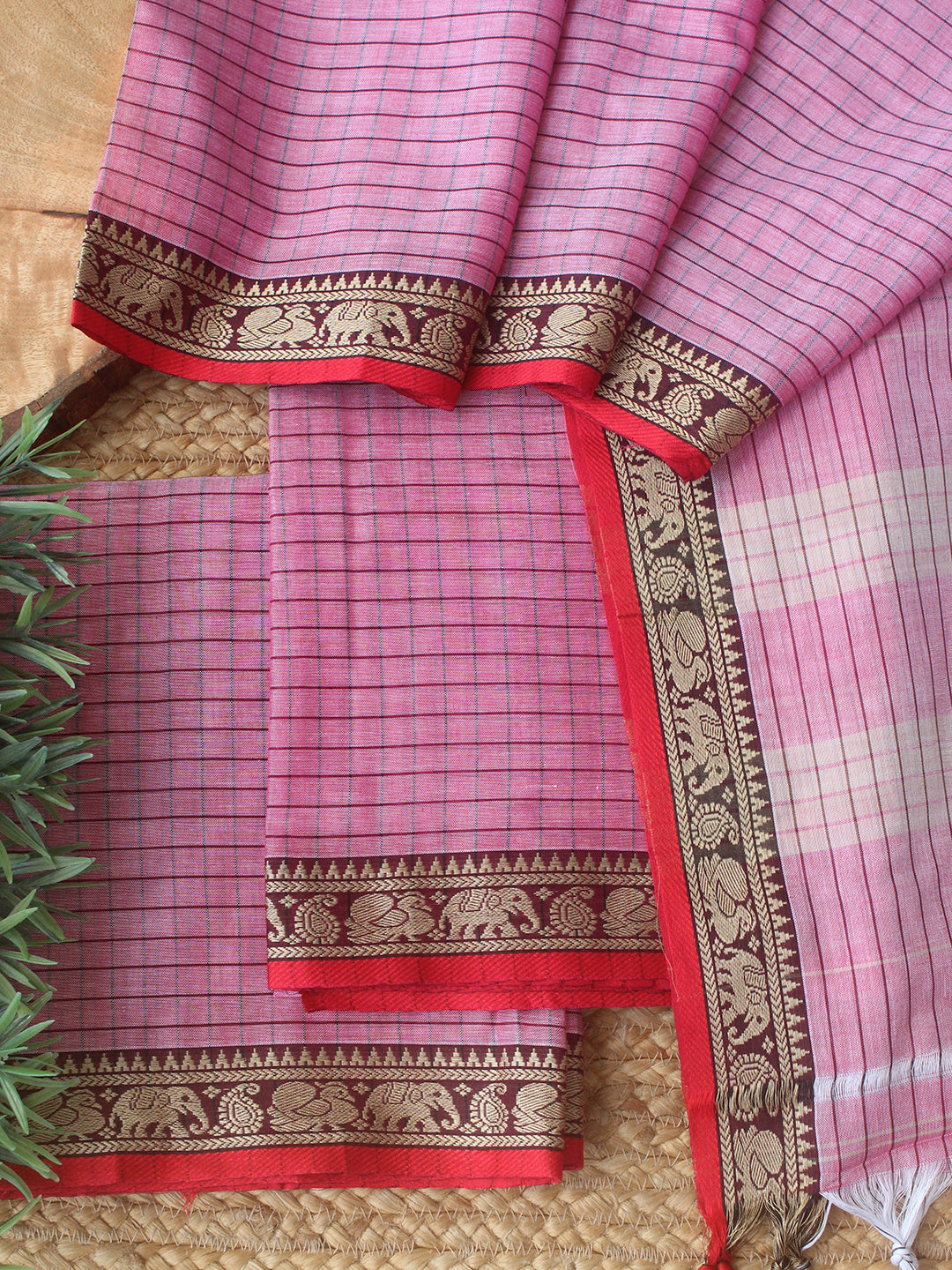 Pink Checks Dharwad Cotton Dress Material With Woven Border