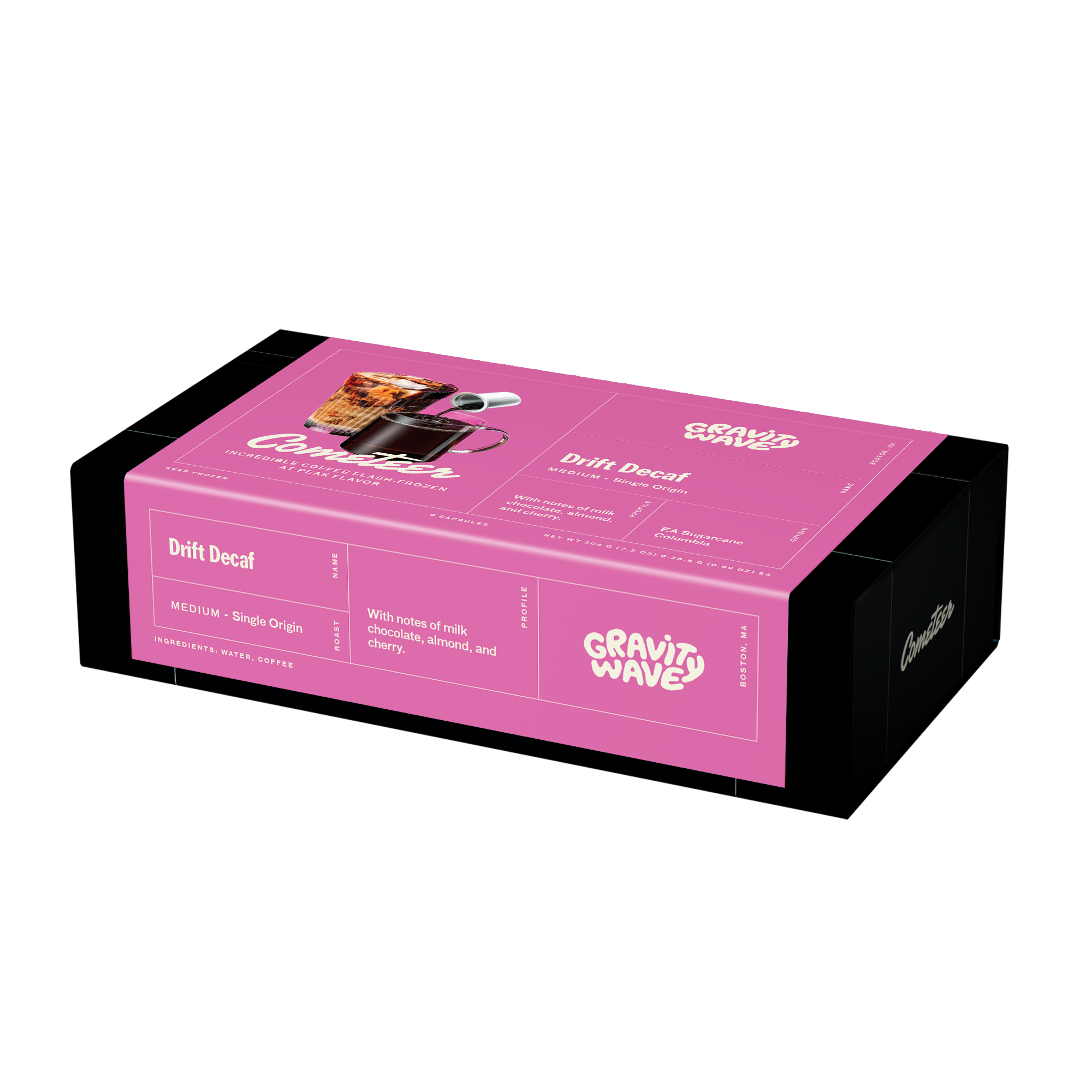 Gravity Wave Drift Decaf coffee box highlighting medium roast with milk chocolate, almond, and cherry flavors on pink packaging