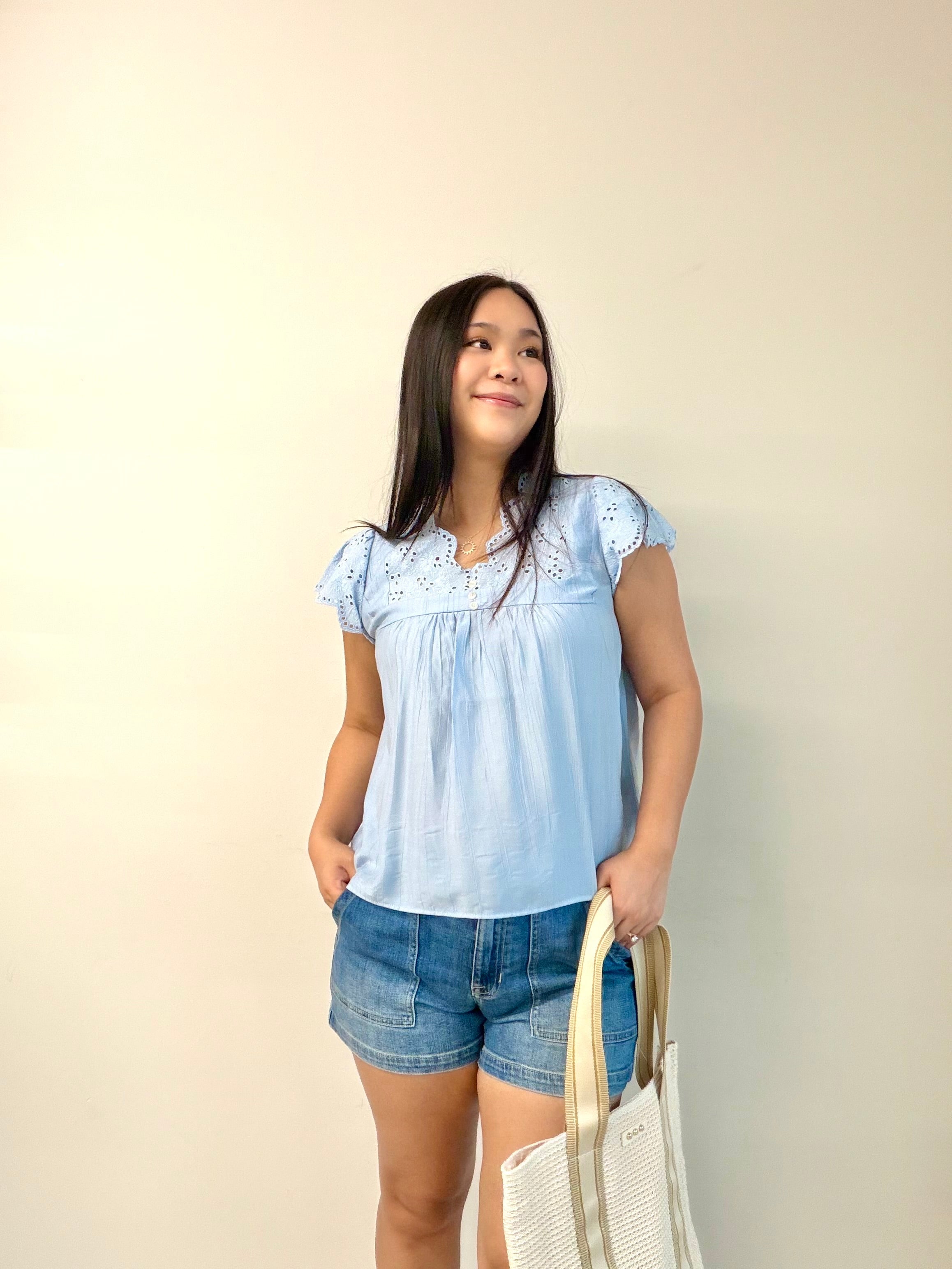 Arabella Scalloped Edge Top - Baby Blue