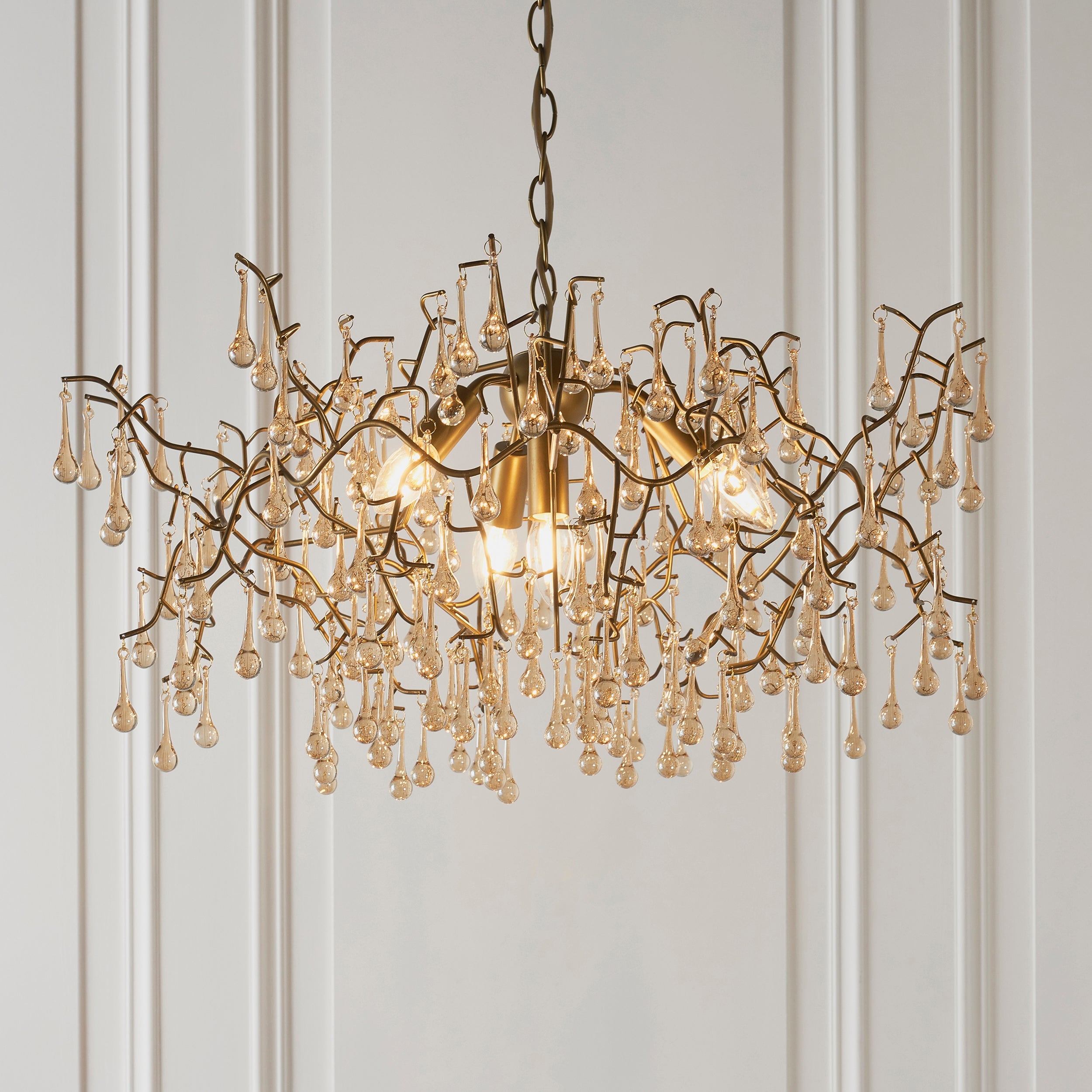 Utopia Drip 4 Light Pendant Chandelier - Aged Gold With Champagne Tinted Glass - 75cm Diameter