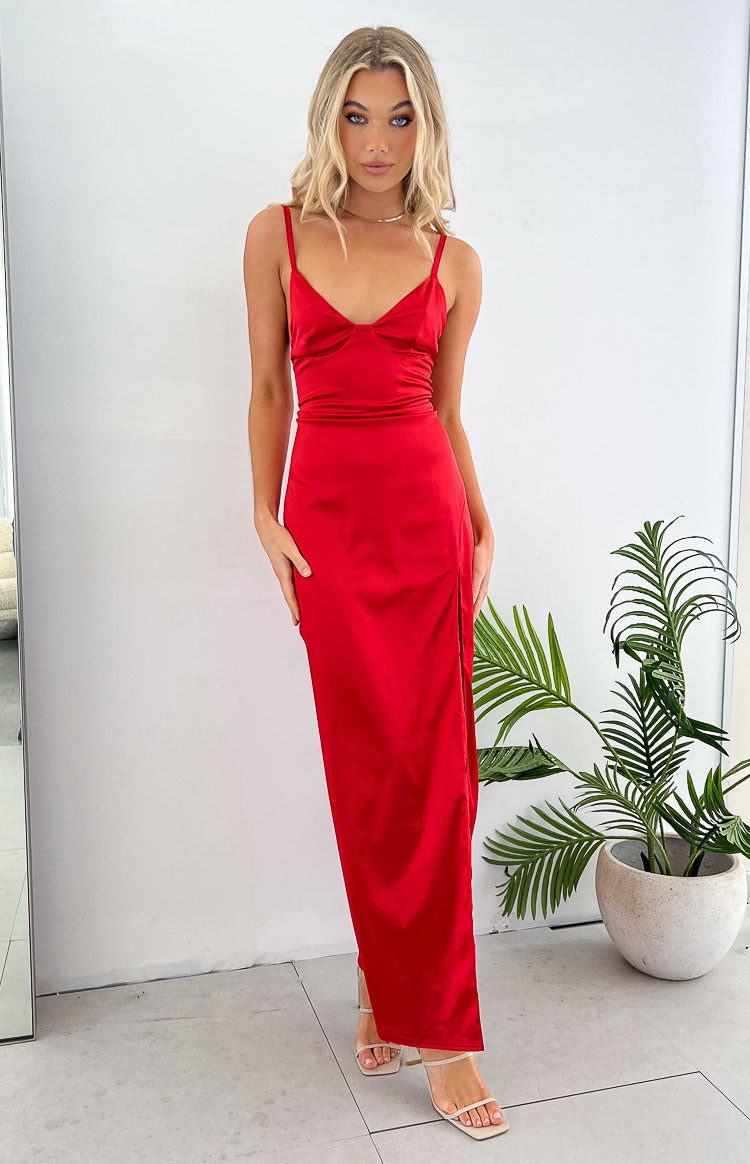 Beginning Boutique Freesia Red Formal Maxi Dress red satin sweetheart neckline maxi dress with thin straps and high leg slit