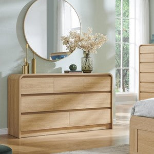SinCiDo Modern 8 Drawer Dresser, Curved Profile Design, 55" Wide Mid  Century Wood Storage Organizer for Bedroom, Living Room, Natural Oak