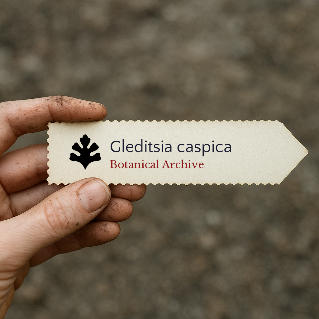 Printed plant label for Gleditsia caspica held by hand with dirt background