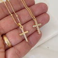 Cross Necklace, plain cross pendant and crystal cross pendant. Materials: 18k gold filled and cubic zirconia, shown in hand and white silk background