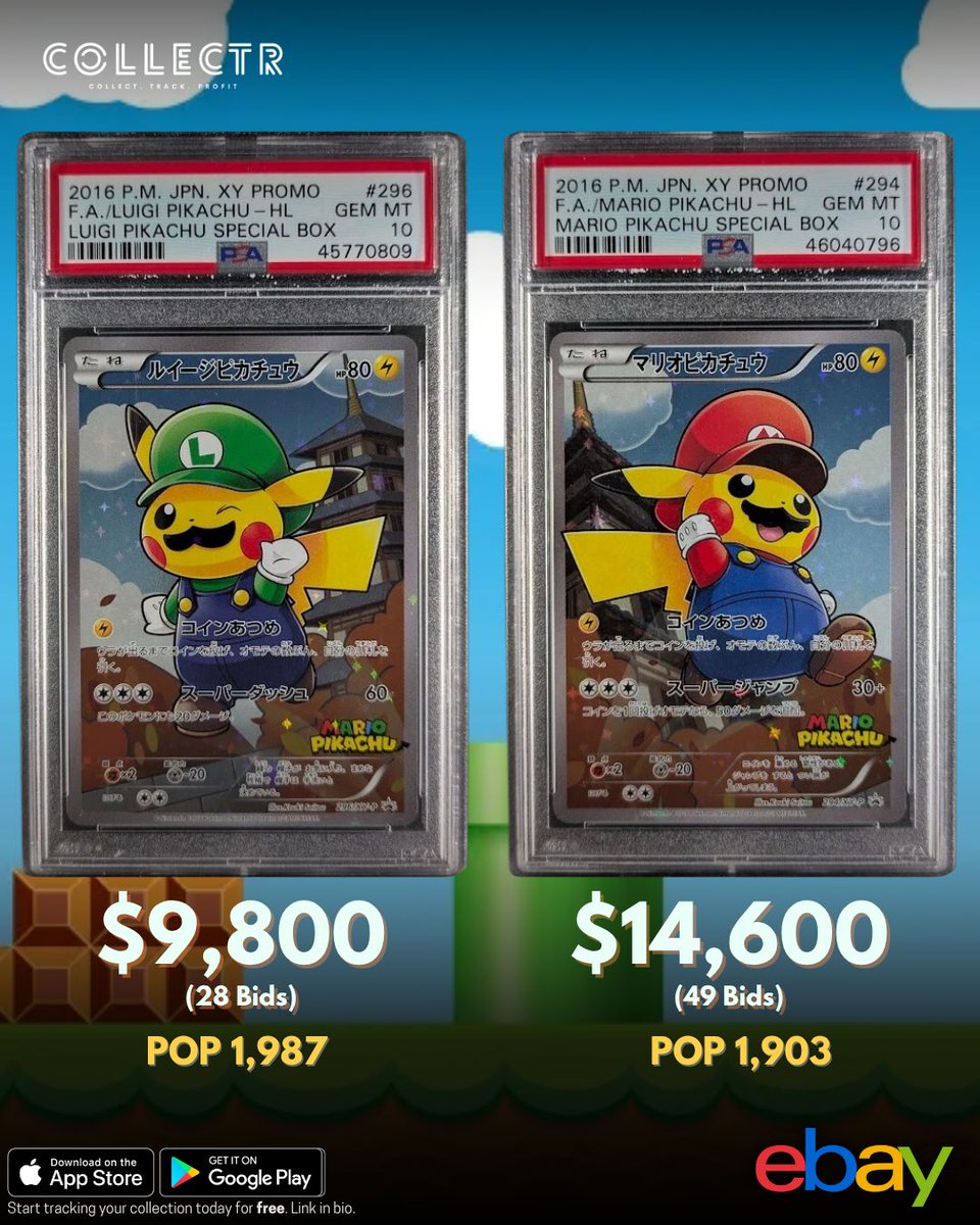 A #PSA 10 #Luigi #Pikachu and #Mario Pikachu from the Japanese #XY Promo just sold in auction on #eBay for $9,800 and $14,600 respectively. #pokemontcg #collectibles #pokemoncards #pokemoncommunity #pokemoncollector #PokemonCollection
