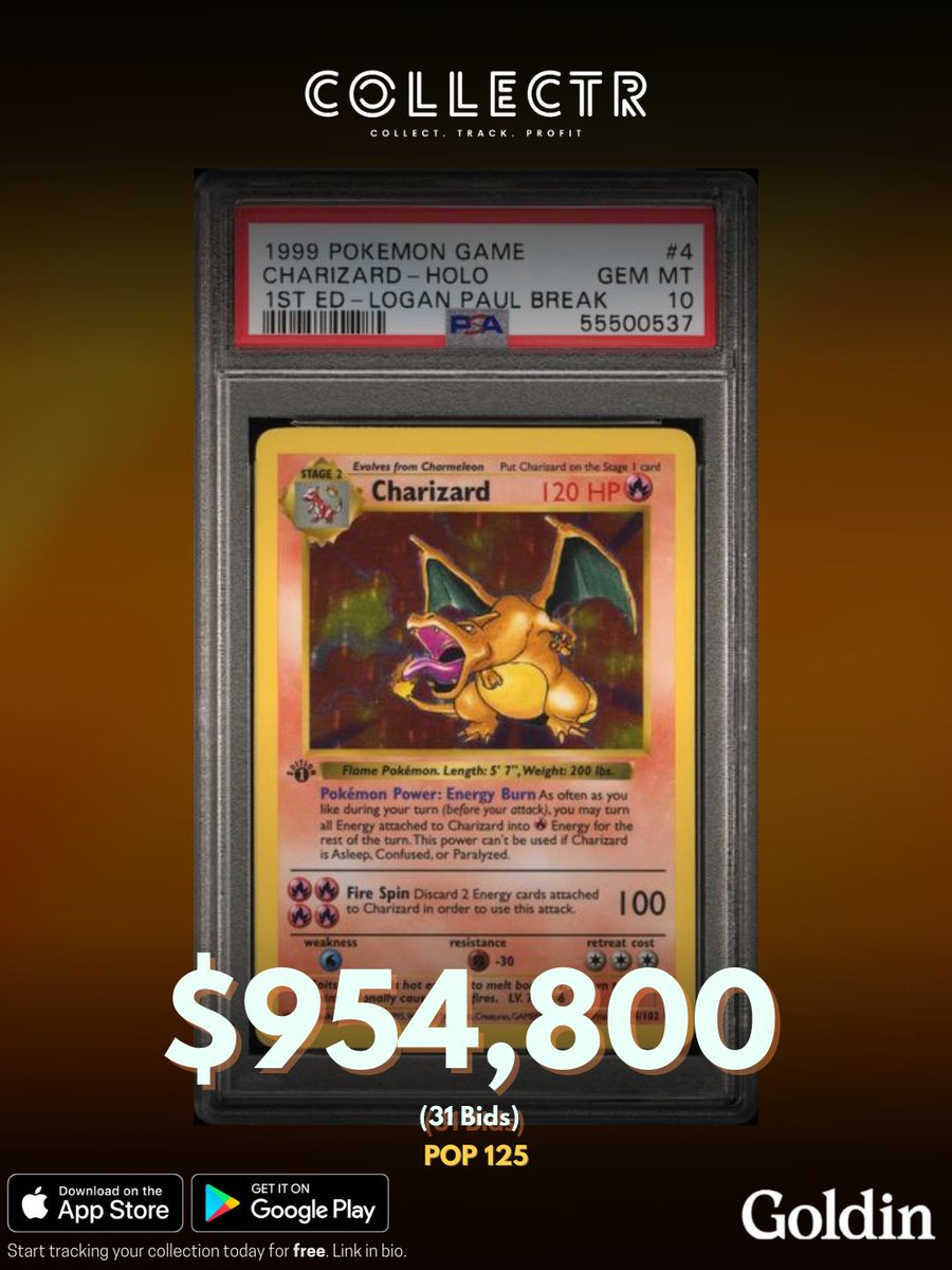 A PSA 10 1st Edition Shadowless Charizard just sold for $954,800 including buyer's premium on Goldin Auctions last night. This sets a new all time record for the card. #collectr #charizard #psa10 #
