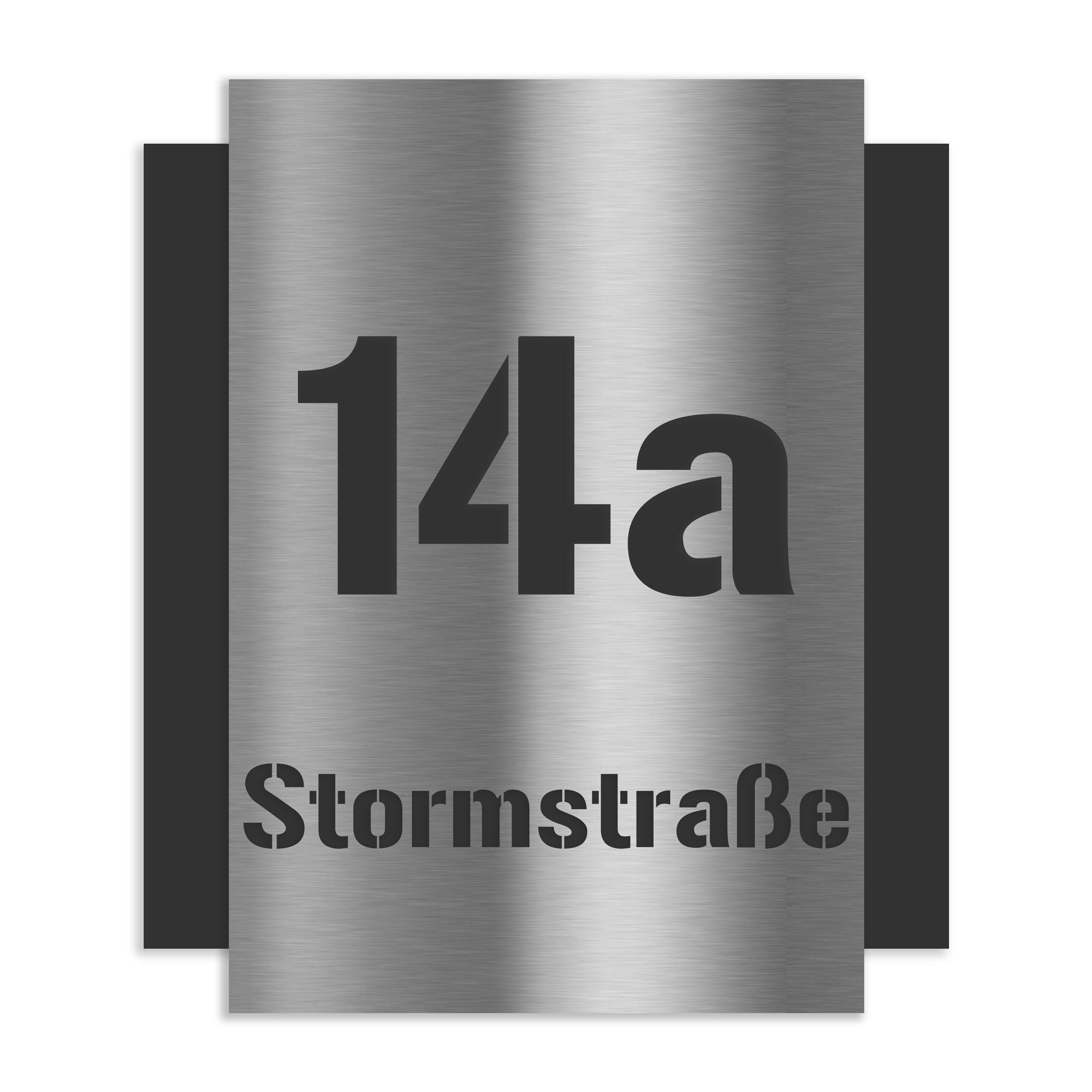 Türschild mit Hausnummer 14a, Stormstraße, Edelstahl.